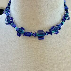 Art Glass Blue & stone  Beaded choker Necklace with Sterling Silver Clasp